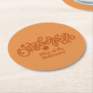 Oktoberfest Year Name Brown Text on Round Paper Coaster