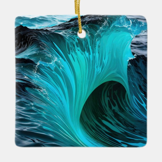 "Ola Tiburón" Blue Shark Wave  Ceramic Ornament (Front)