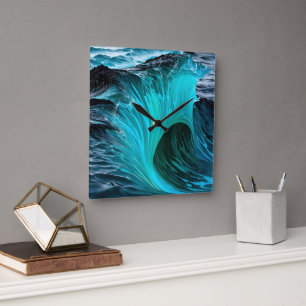 "Ola Tiburón" Blue Shark Wave Square Wall Clock