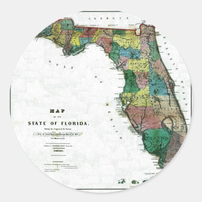 Old 1856 Florida Map Classic Round Sticker (Front)