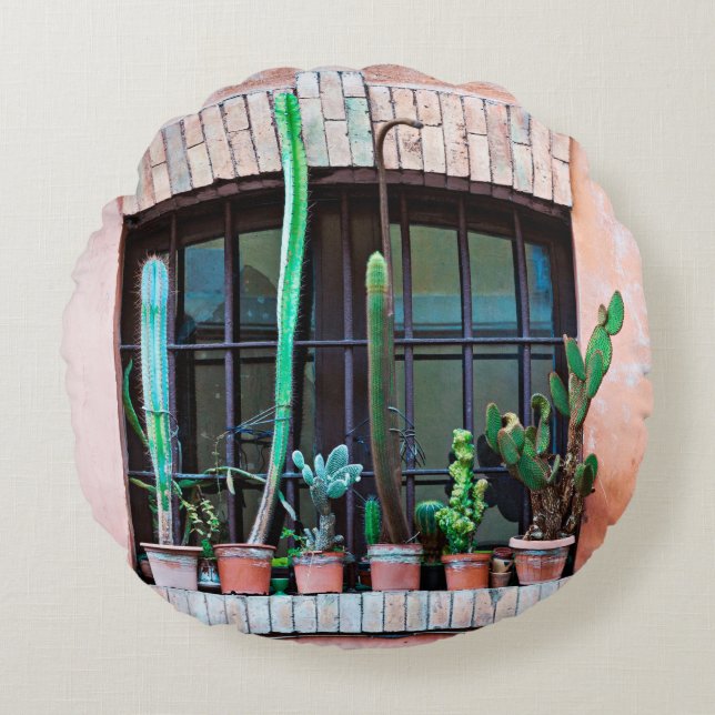 Old abandoned window with group of cactus flower p round pillow (Front)