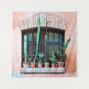 Old abandoned window with group of cactus flower p tapestry
