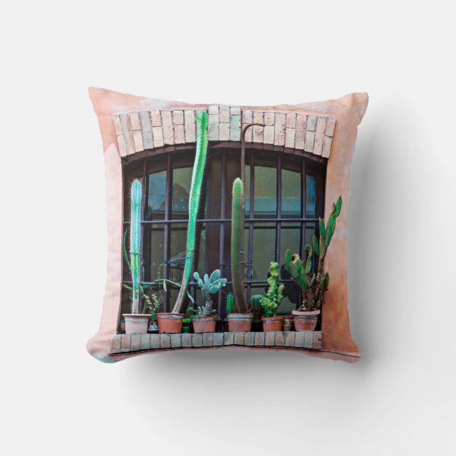 Old abandoned window with group of cactus flower p throw pillow (Front)