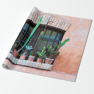 Old abandoned window with group of cactus flower p wrapping paper