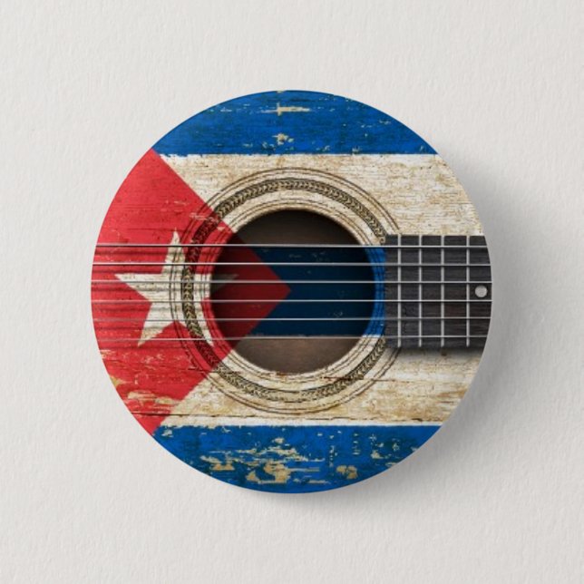 Old Acoustic Guitar with Cuban Flag 2 Inch Round Button (Front)