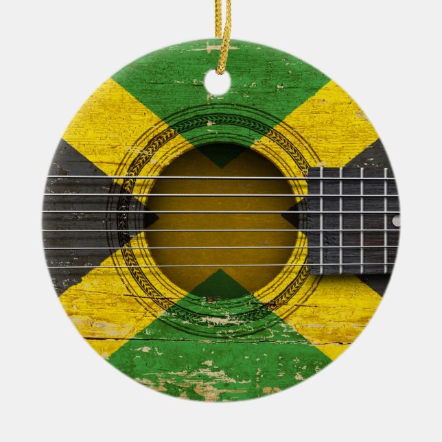 Old Acoustic Guitar with Jamaican Flag Ceramic Ornament (Front)