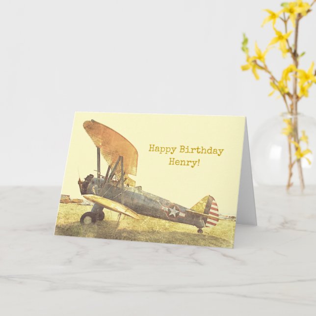 Old Airplane "Freedom" Biplane Custom Birthday  Ca Card (Yellow Flower)