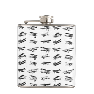 Old airplanes in black and white, vintage aircraft hip flask