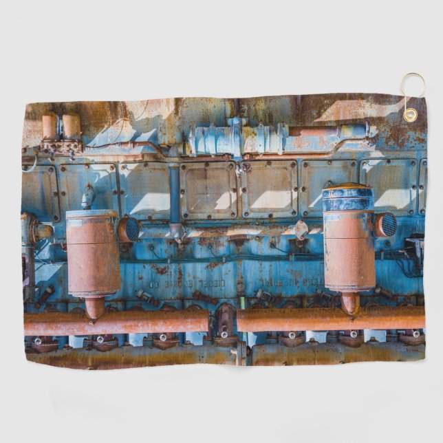 Old and rusty Atlas Imperial diesel engine at Inde Golf Towel (Horizontal)