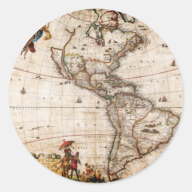 Old Antique North & South America Map Classic Round Sticker (Front)
