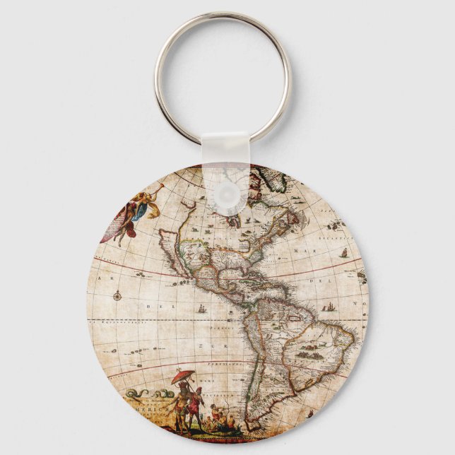 Old Antique North & South America Map Keychain (Front)