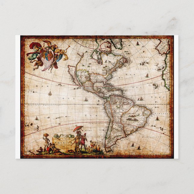 Old Antique North & South America Map Postcard (Front)