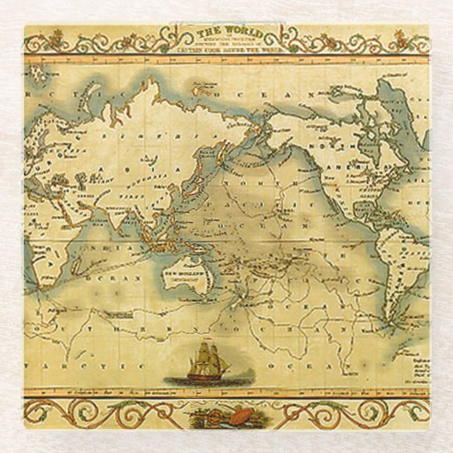 Old Antique World Map Lithograph Elegant Glass Coaster (Front)