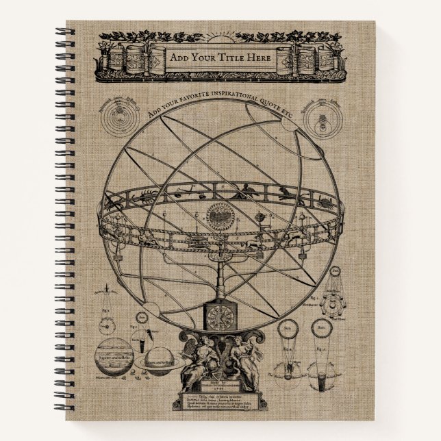 Old Armillary Sphere Spherical Astrolabe Burlap Notebook (Front)