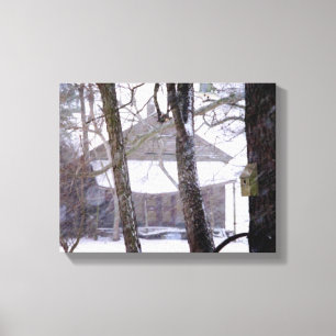 Old Barn and Trees in the Snow Winter Photo Canvas Print
