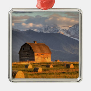 Old barn framed by hay bales and dramatic metal ornament