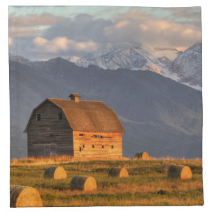 Old barn framed by hay bales and dramatic napkin