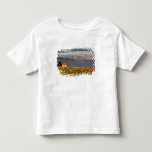 Old barn framed by hay bales and dramatic toddler t-shirt