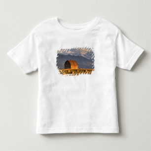 Old barn framed by hay bales and dramatic toddler t-shirt