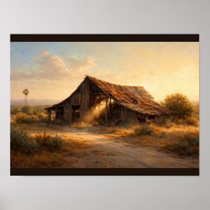 Old barn half-collapsed in sunlight poster