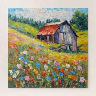 Old Barn In Wildflower Field Jigsaw Puzzle