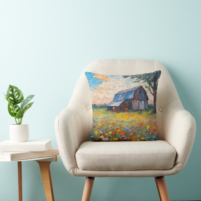 Old Barn In Wildflower Field Throw Pillow (Chair)