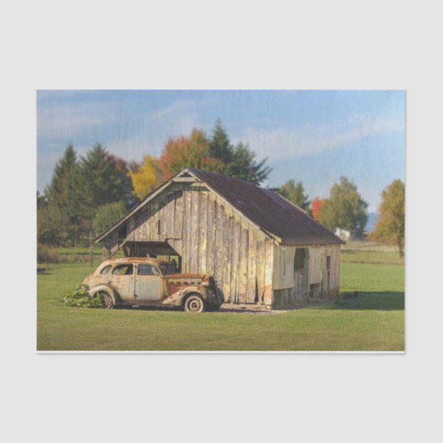 Old Barn, Old Car Vibrant Forest Tissue Paper (Front)