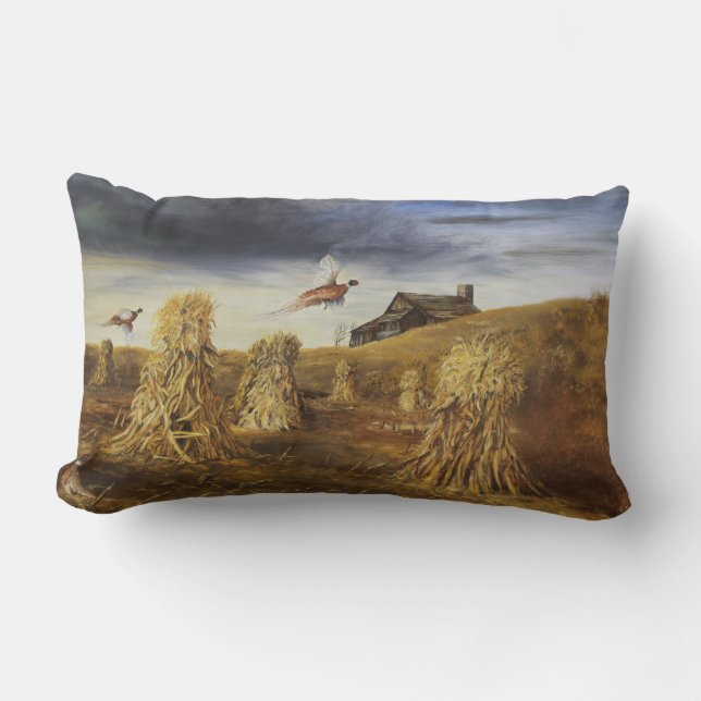 Old barn & pheasants Lumbar Pillow (Front)