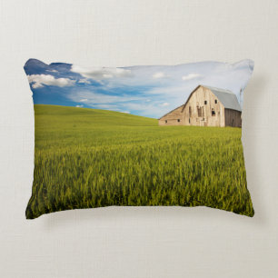 Old Barn Surrounded by Spring Wheat Field 2 Decorative Pillow