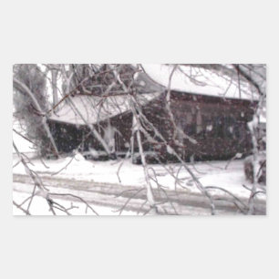 Old Barn through the Branches Winter Snow Photo Sticker