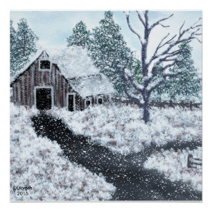 Old barn winter scene snow falling  poster