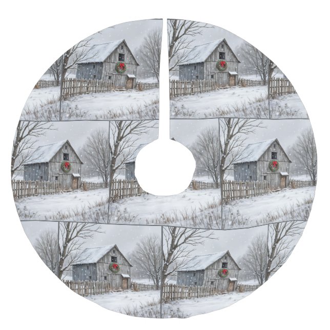 Old Barn With Christmas Wreath Brushed Polyester Tree Skirt (Front)