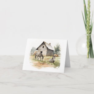 Old Barn with Donkeys and Mules BLANK  Card