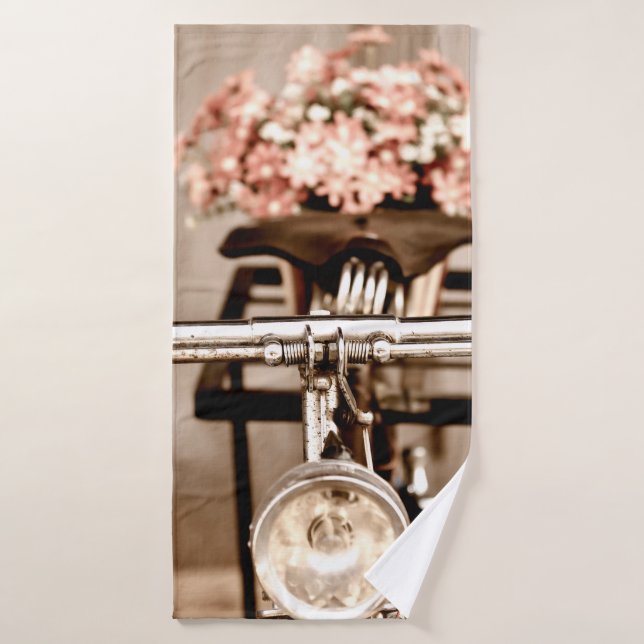 Old bicycle and flowers blur in background process bath towel (Bath Towel)