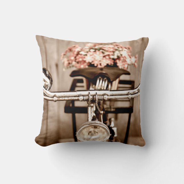 Old bicycle and flowers blur in background process throw pillow (Front)