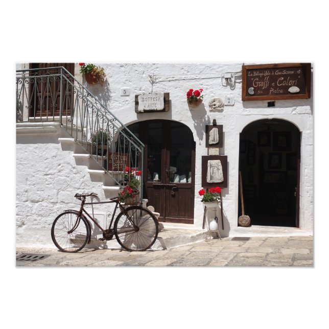 Old bike and storefront in Apulia Photo Print (Front)
