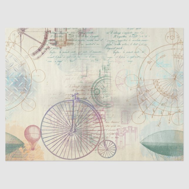 Old Bike, Balloon and Script on Yellow Decoupage Tissue Paper (Front)