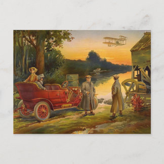 Old Biplane And Touring Car Vintage Scene Postcard