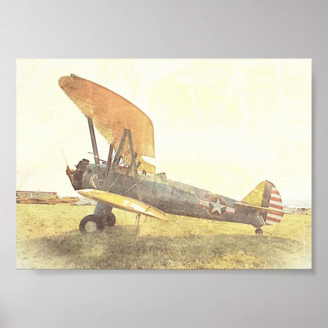 Old Biplane Antique Airplane Yellow Archival Poster (Front)