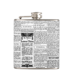 Old black & white newspaper, vintage retro advert hip flask