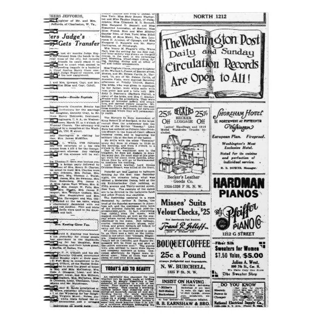 Old black & white newspaper, vintage retro advert notebook (Front)