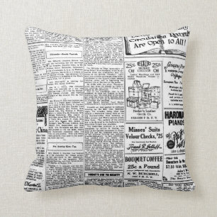Old black & white newspaper, vintage retro advert throw pillow