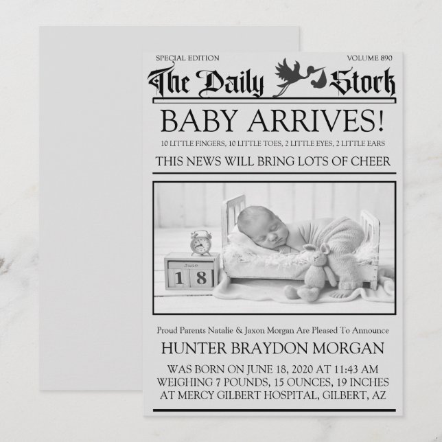 Old Black & White Style Newsletter Birth Announce Invitation (Front/Back)