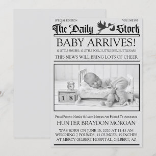 Old Black & White Style Newsletter Birth Announce Invitation