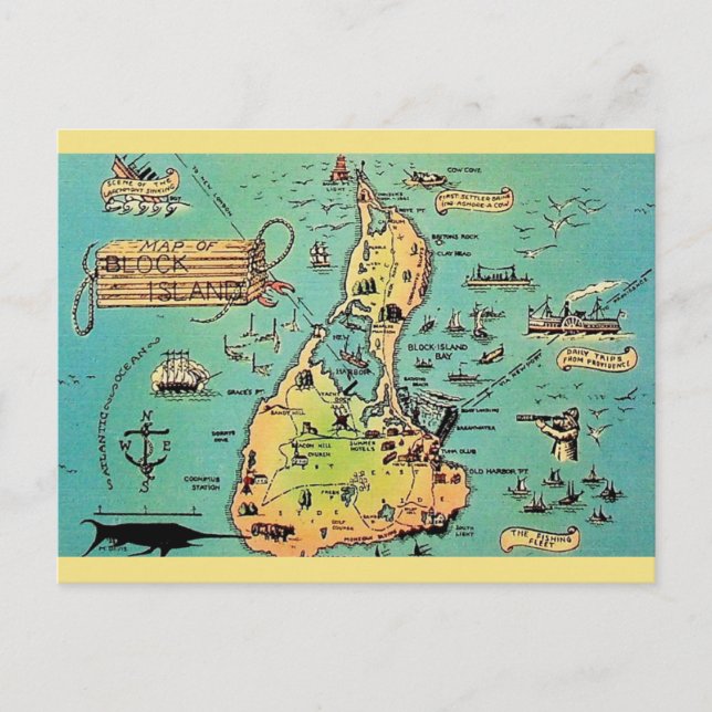 Old Block Island Map Postcard (Front)