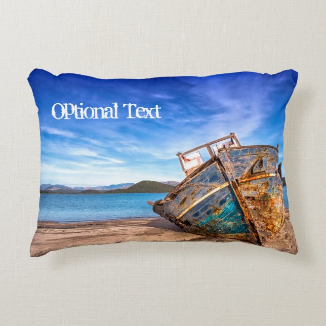 Old Blue Boat by the Seashore Accent Pillow (Front)
