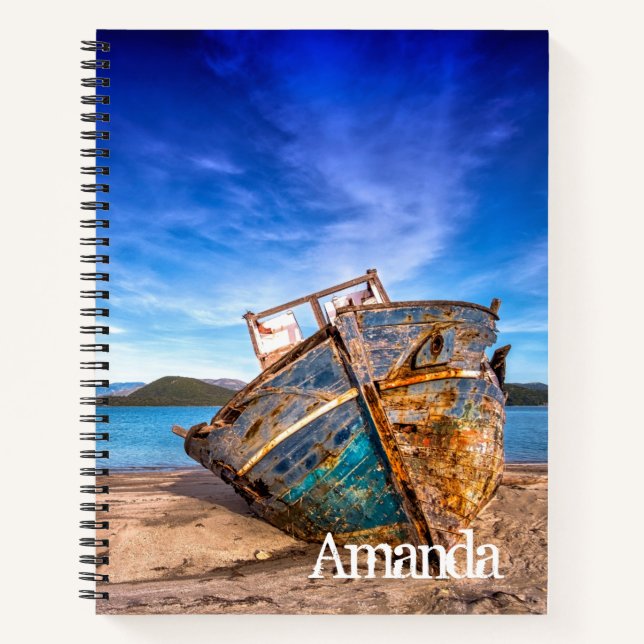 Old Blue Boat by the Seashore Notebook (Front)