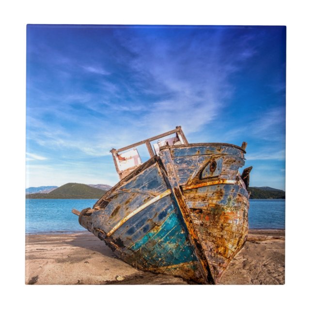 Old Blue Boat by the Seashore Tile (Front)