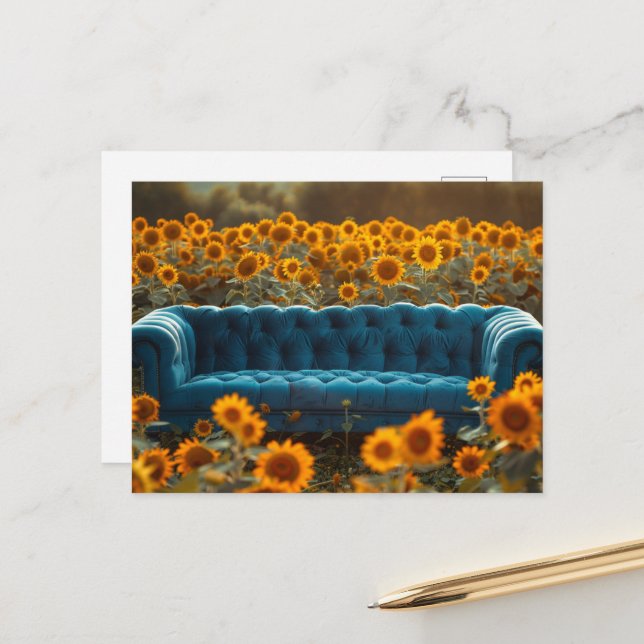 Old Blue Couch in Sunflowers Postcard (Front/Back In Situ)
