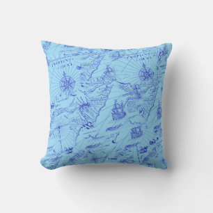 Old blue sea chart ships and compass throw pillow